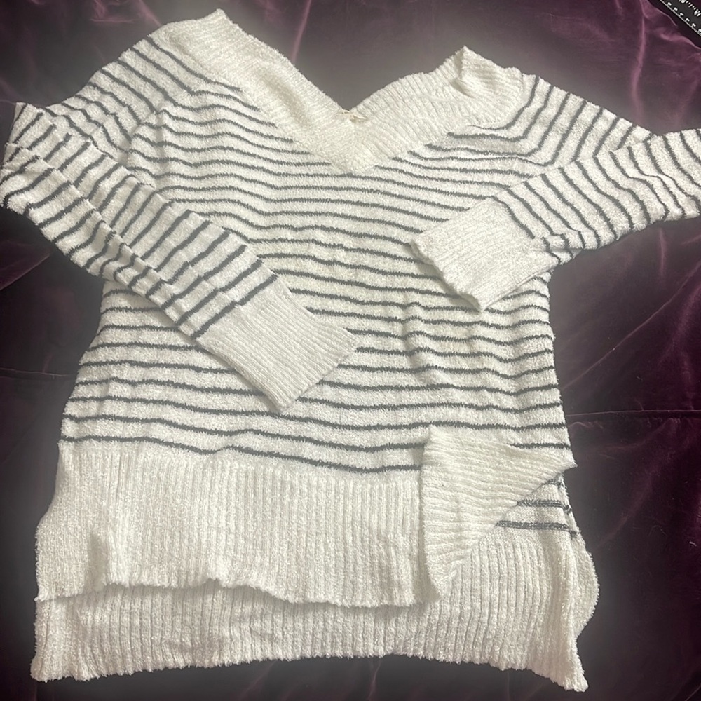 Hem & Thread white with black stripes sweater V front & back neck, SUPER SOFT